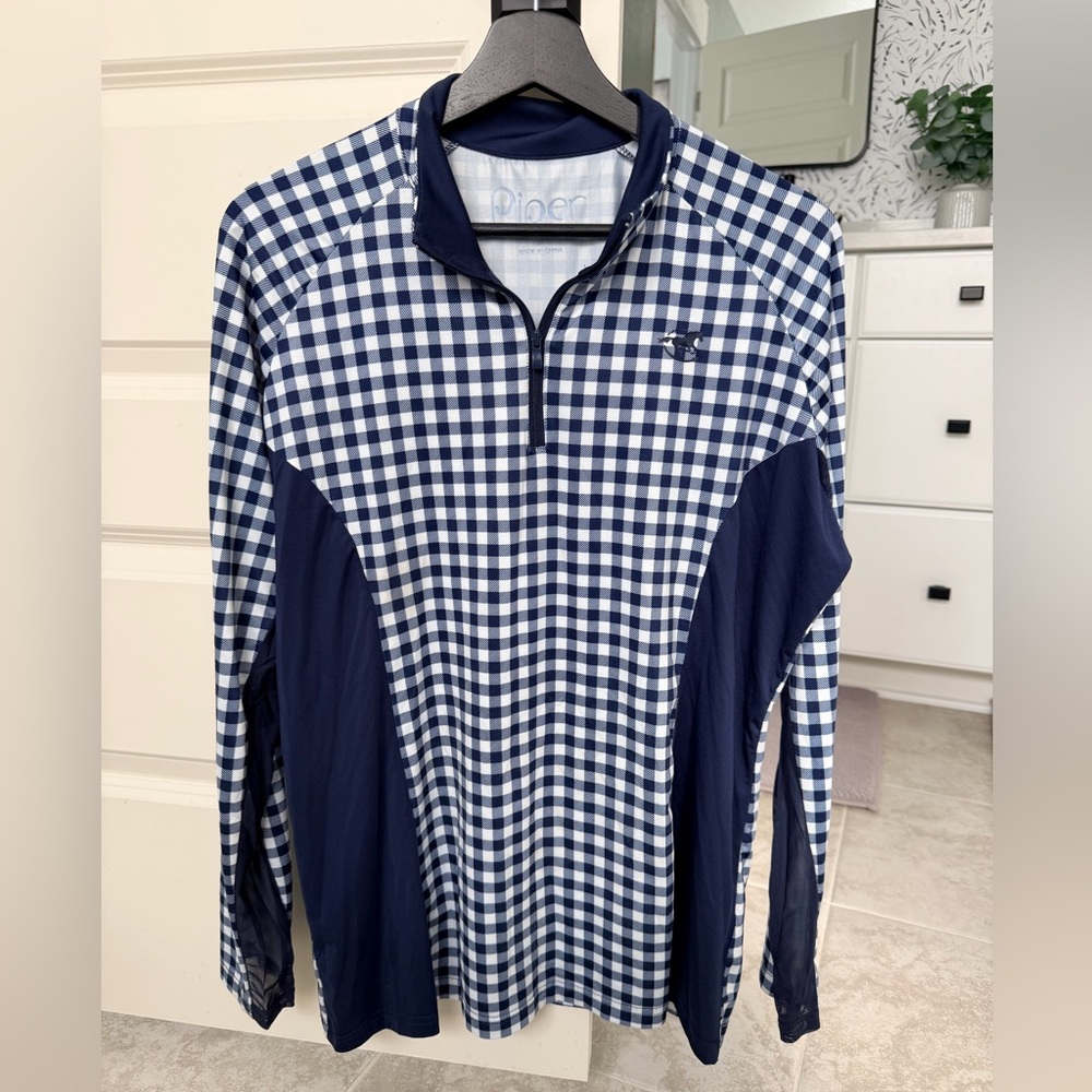 Piper by SmartPak Equine Navy and White Gingham Long Sleeve 1/4 Zip Sun Shirt